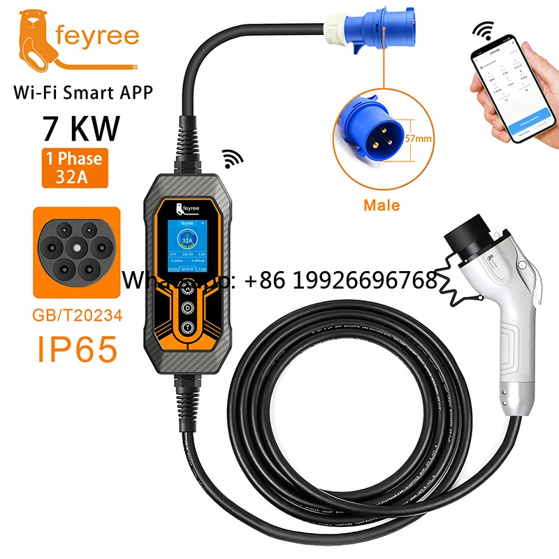

Портативная зарядная станция для электромобилей Feyree 7 кВт с функцией управления через приложение, новая, 380В, разъем GBT, быстрая зарядка переменным током