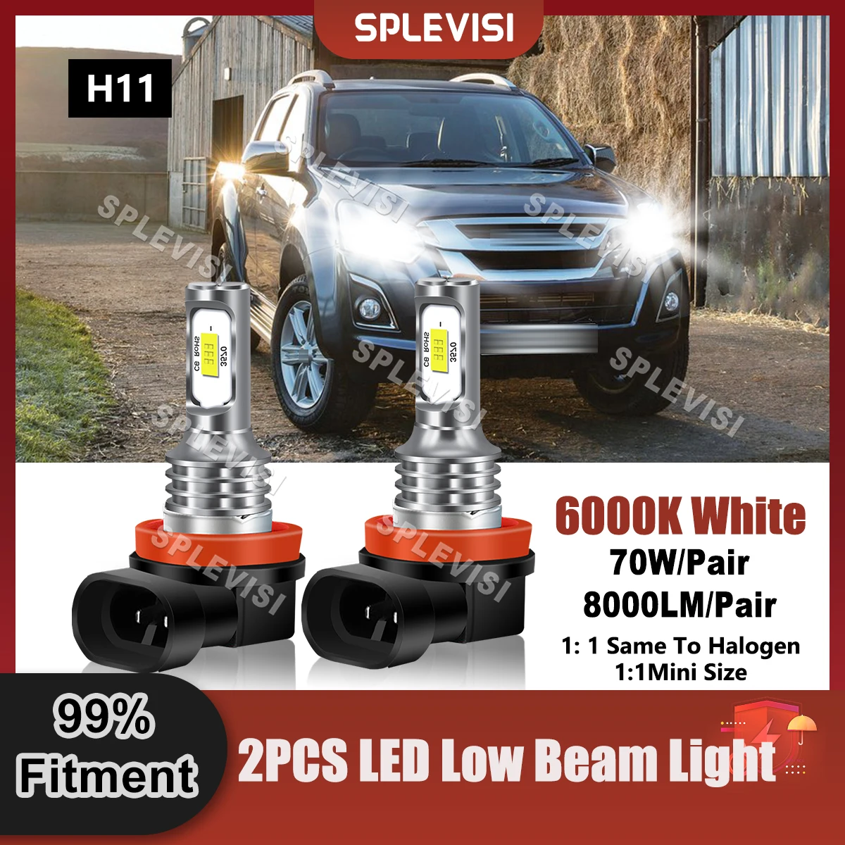 2PCS Replace H11 LED Low Beam 360 Degree Beam 70W 8000LM Compatible For Isuzu D-Max MK2 2012 2013 2014 2015 2016 2017 2018