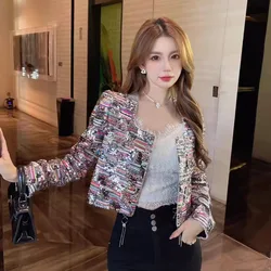 여성용 긴팔 스퀘어 칼라 스팽글 짧은 트위드 코트, 한국 스타일 샤이니 아우터, 용수철 가을 신상