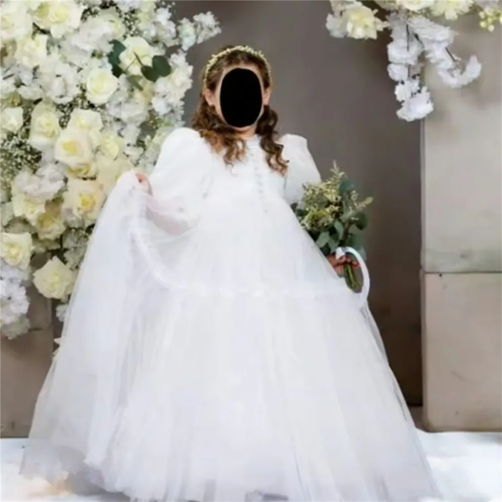 Customized Pleated High Neck Flower Girl Wedding Dress Puffy Princess Birthday Party Dress Bridesmaid First Communion Gown
