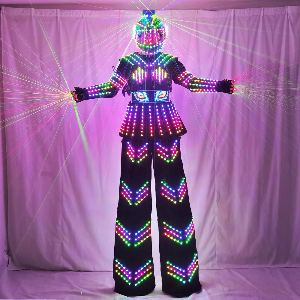 

Female LED Stilt Robot Suit with Laser Gloves Kryoman Style Performance Costume for Events Party Show