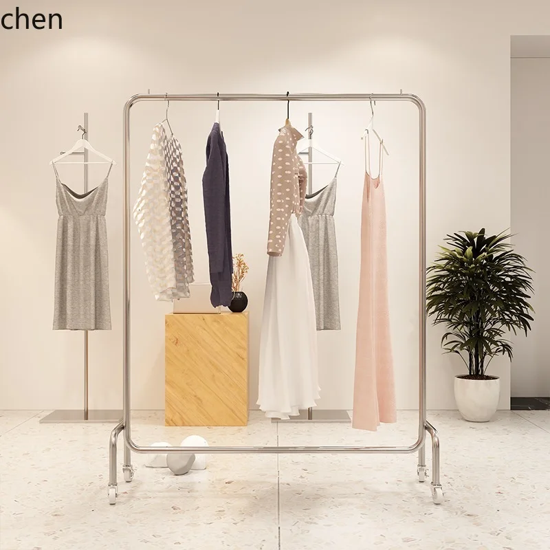 HYS Steel Floor-standing Clothes Rack for Home Bedroom Corner Coat Rack with Wheels Clothing Store