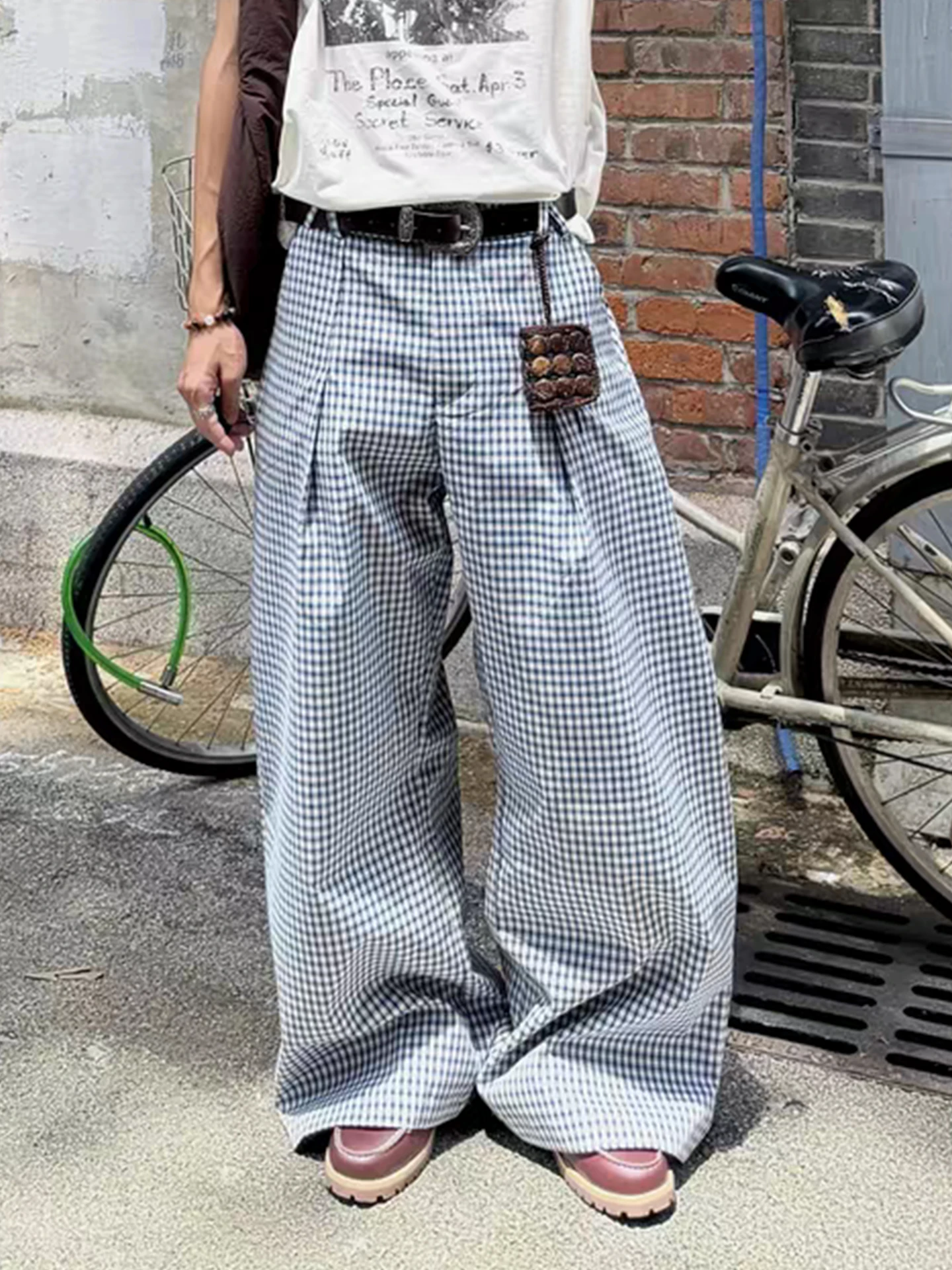 الأزرق منقوشة السراويل الرجال الصيف الأمريكية الرجعية فضفاض الشعور الرياضية ألف خط واسعة الساق Dra السراويل الطويلة #1