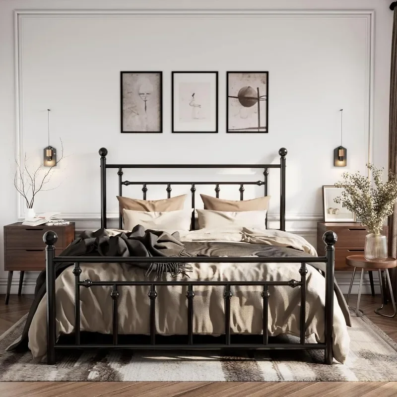 Metal Platform Bed Frame/Victorian Headboard and Footboard/Steel Slats Mattress Foundation for Storage/No Box Spring Needed