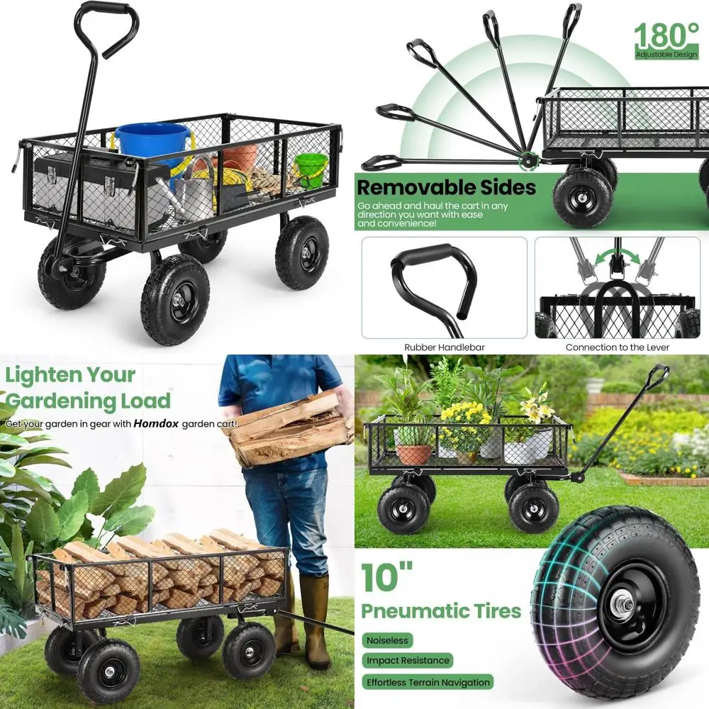 

Heavy-Duty Outdoor Garden Cart with Rotating Handle, Foldable Mesh Utility Wagon for Yard Work, 660LB Capacity