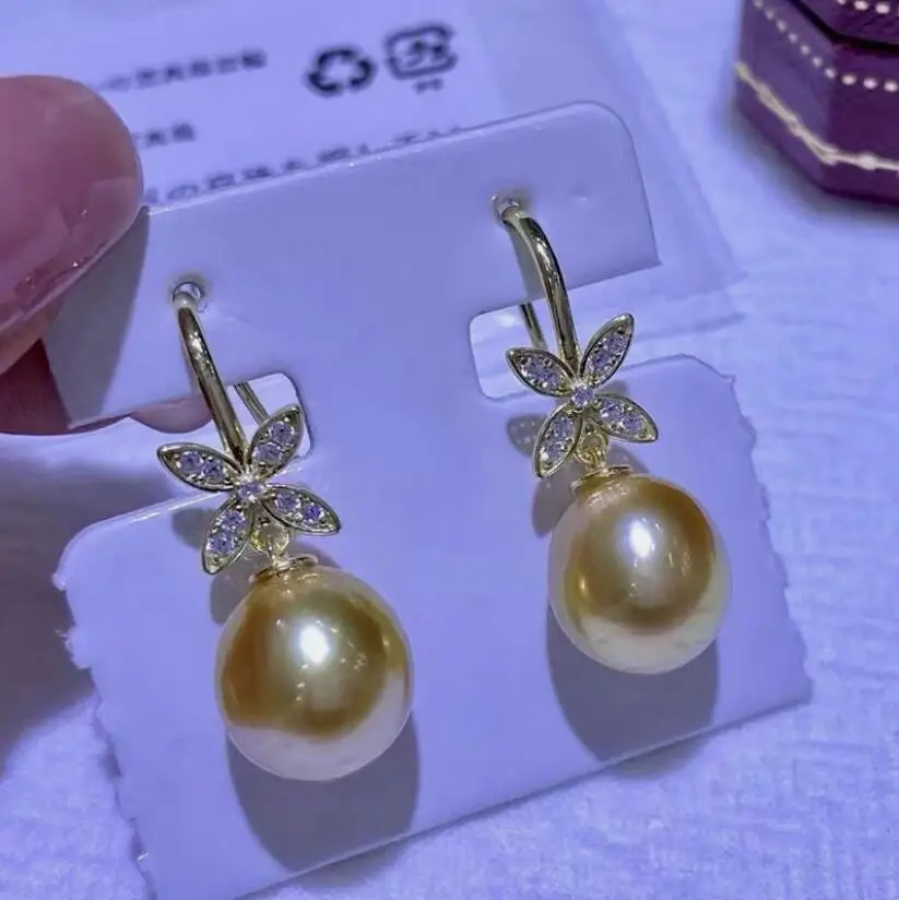 gorgeous 10-11mm 9-10mm south sea round gold pearl dangle earring 925s