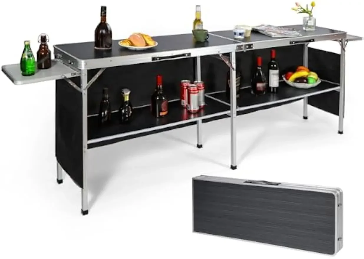 Outdoor Extra Long Portable Bar Table with Bar Skirts and Storage Shelf, Pop-Up Bar Table with Side Rack for Party, Patio, Black