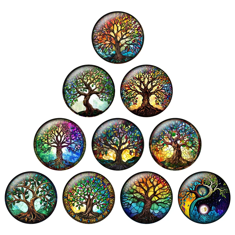 24pcs Fashion Paintings Life of Tree Art Patterns 8mm To 25mm  Round Photo Glass Cabochon Demo Flat Back Making Findings H072