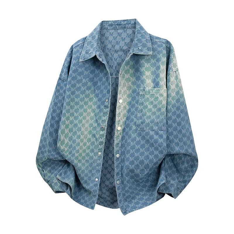 

Новая мужская джинсовая куртка в американском стиле 2025 года, повседневная, модная, рабочая, молодежная, осенняя, с длинным рукавом и клетчатым воротником