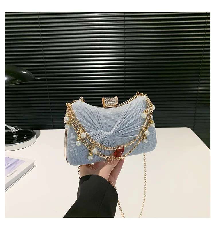 2024 New Vintage Wrinkled bow Chain Shoulder Bag Crossbody For Women Pearl Chain Handbag Prom Party Dress Dinner Evening Bags