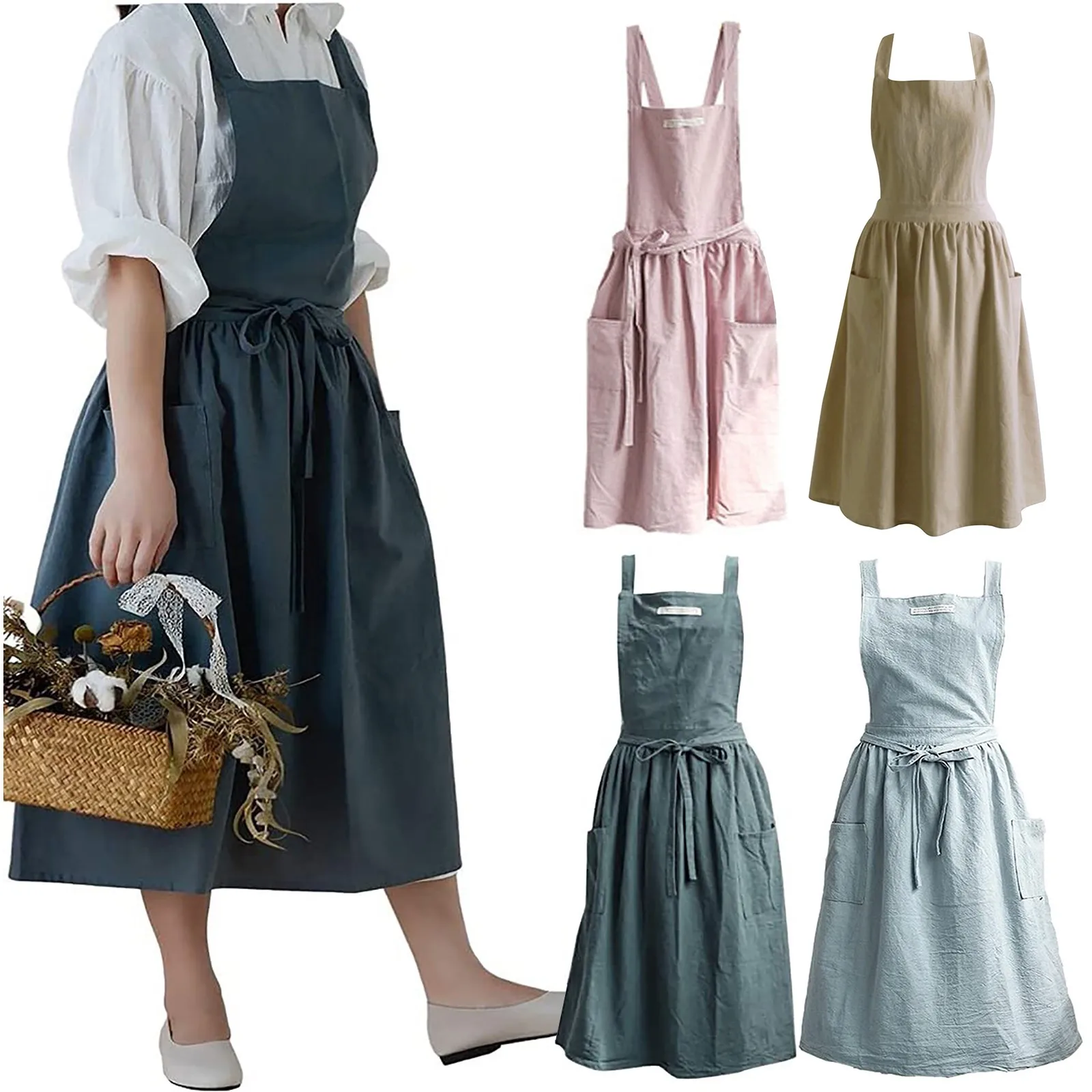 Kitchen Apron Simple Solid Color Hemp Blend Retro Apron Housework Apron for Cleaning and Cooking Pockets Pinafore Work Apron