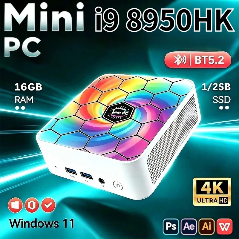 Slim Mini‑Form‑Factor Pc Windows11 Core i9 8950HK  16GB RAM 1/2TB SSD WiFi6 BT5.2 Great for Household and Professional Office