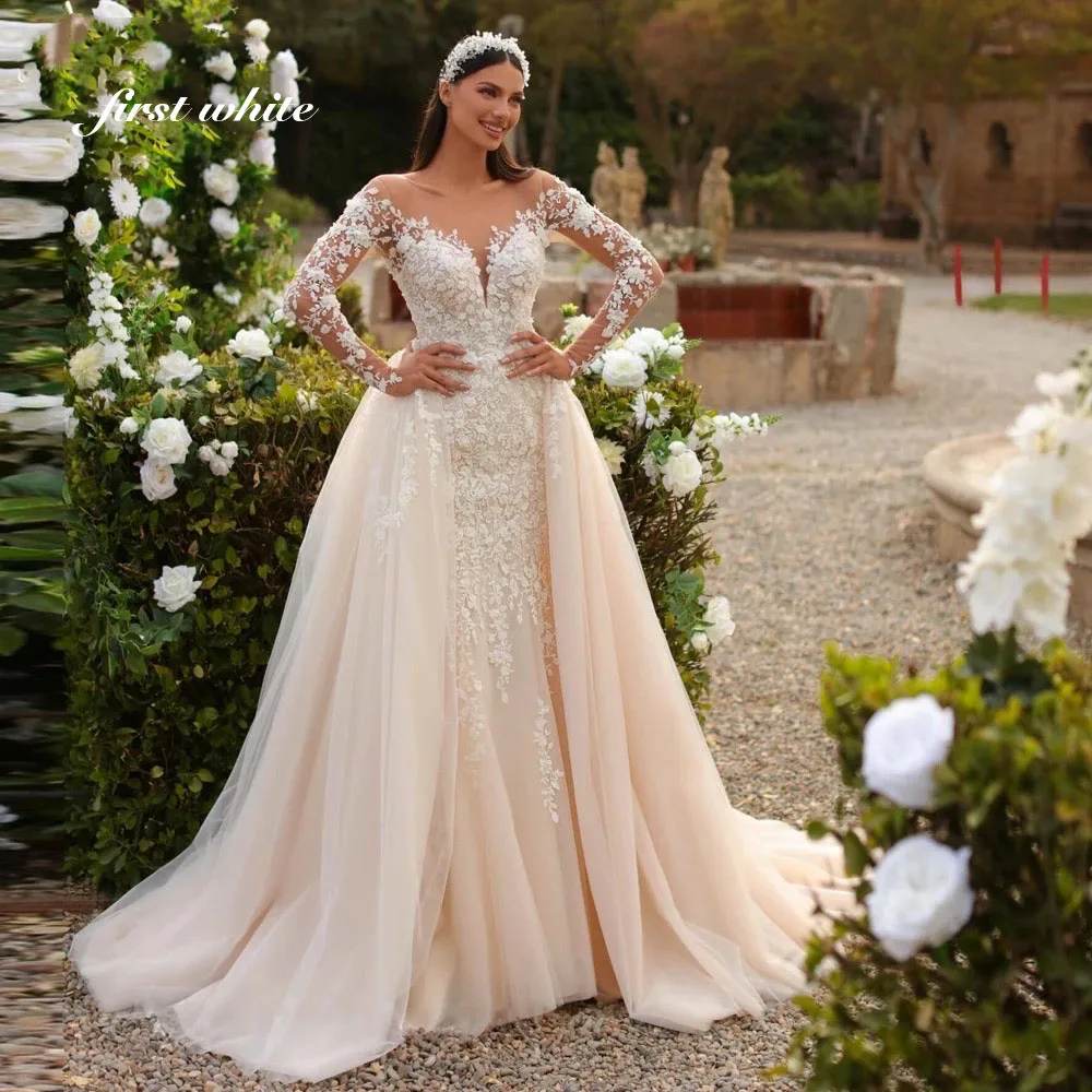 2 in 1 Mermaid Lace Wedding Dresses Scoop Neck Full Sleeves Beaded Bridal Dress with Detachable Train Customized