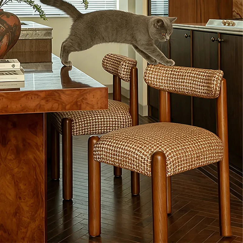 

Retro Fabric Dining Chairs Solid Wood Upholstered Seat for Cafe Vintage Dining Room Furniture Home Vanity Stool with Cushion