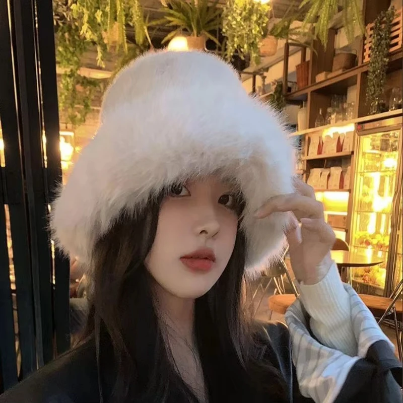 

Fluffy Fur Solid Bucket Hat Fisherman Hat For Women Winter Plush Mongolian Hat Ear Protection Cap Windproof Warm Panama Caps