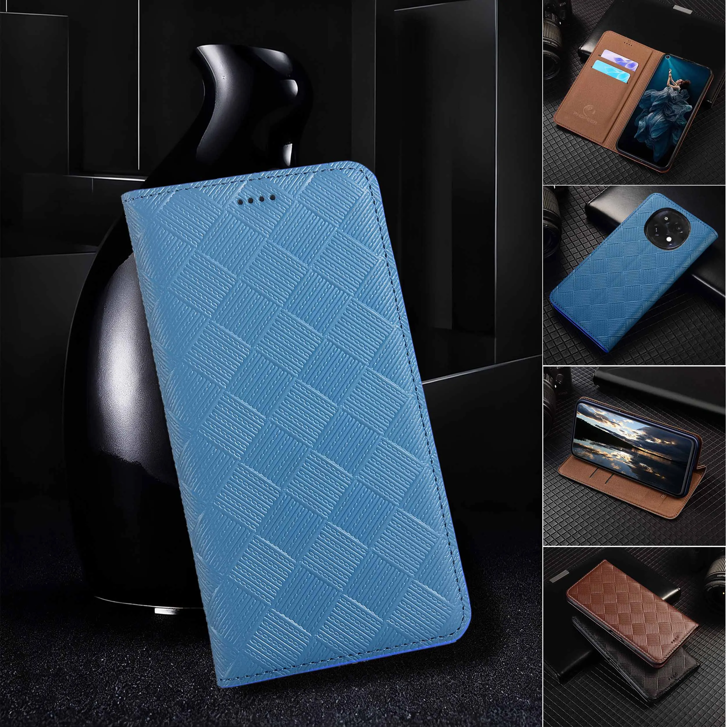 

For OPPO A1 A1X A2 A2X A3 A3i A3X A5 Pro Plus 5G Knit Pattern Of Genuine Leather Wallet Flip Phone Cover Case Cowhide Non-Slip