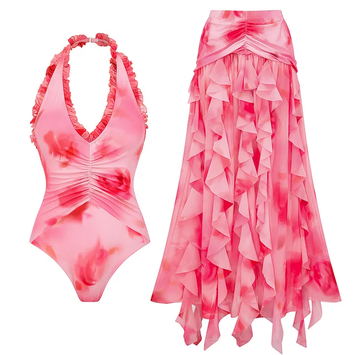 

2025 Fashion One-piece Swimsuit with Long Skirt New Pink Small Fresh Seaside Vacation One-piece Swimsuit Two-piece Set