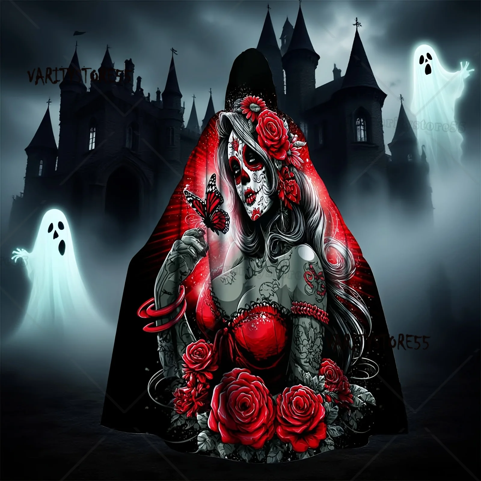 

Плащ с капюшоном в винтажном стиле и черепом, красные розы, цветочный принт, костюм на Хэллоуин для взрослых, ведьма