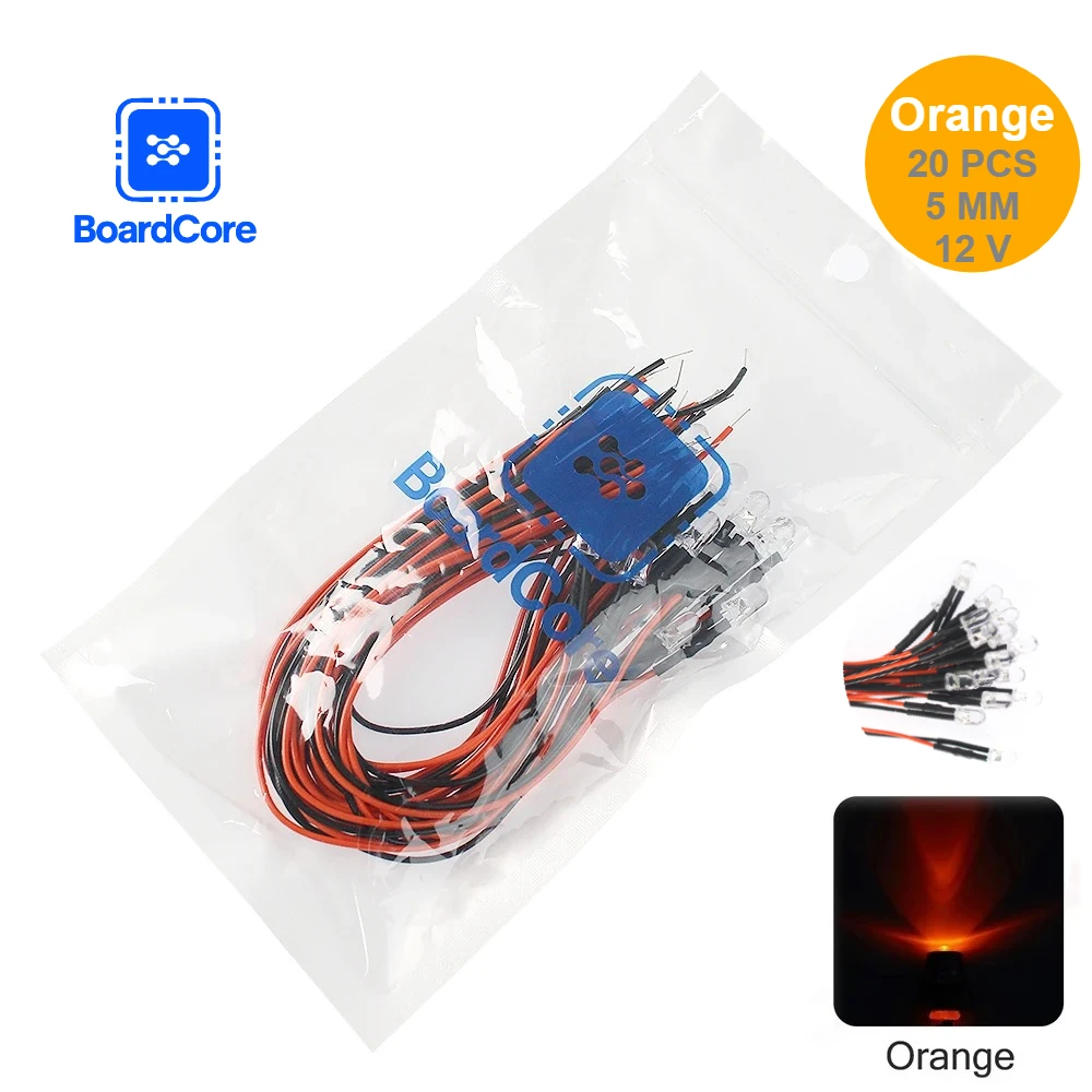 Diodo LED de 20 piezas con luz LED naranja precableada de 20 cm de 12 V y 5 mm