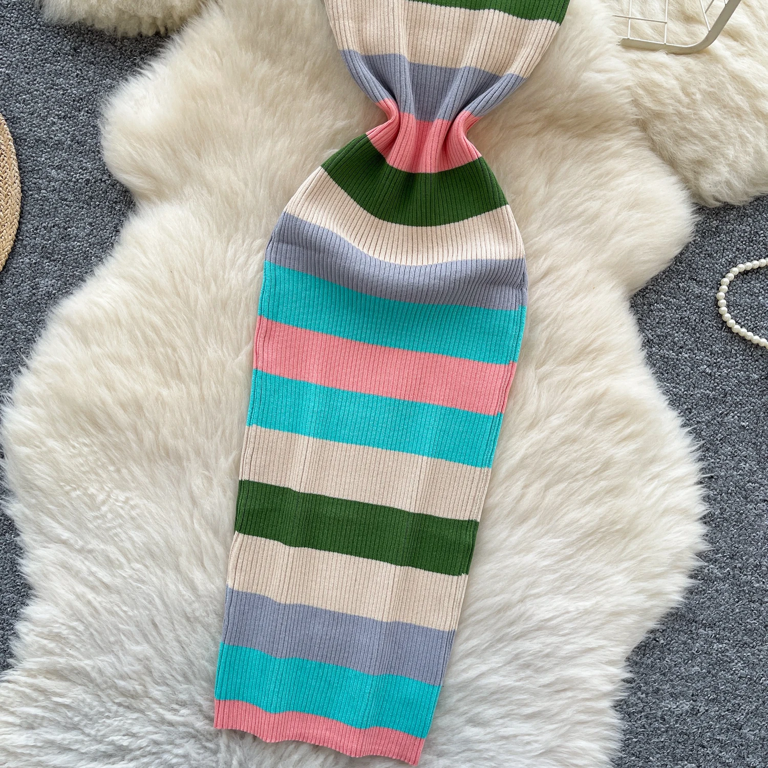 REALEFT ฤดูร้อน Vintage Rainbow ผู้หญิงถักชุด 2025 ใหม่แขนกุดสแควร์ Casual Sheath ดินสอห่อชุดหญิง