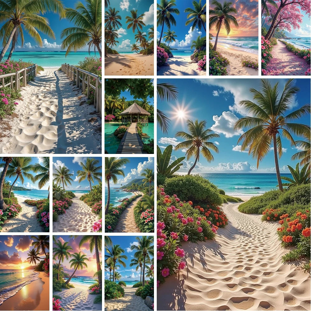 

MOON.QG Summer Beach Sea View Blue Sky Ocean Sand Path Coconut Palm Trees Sunshine Backdrop Background Photography Photobooth