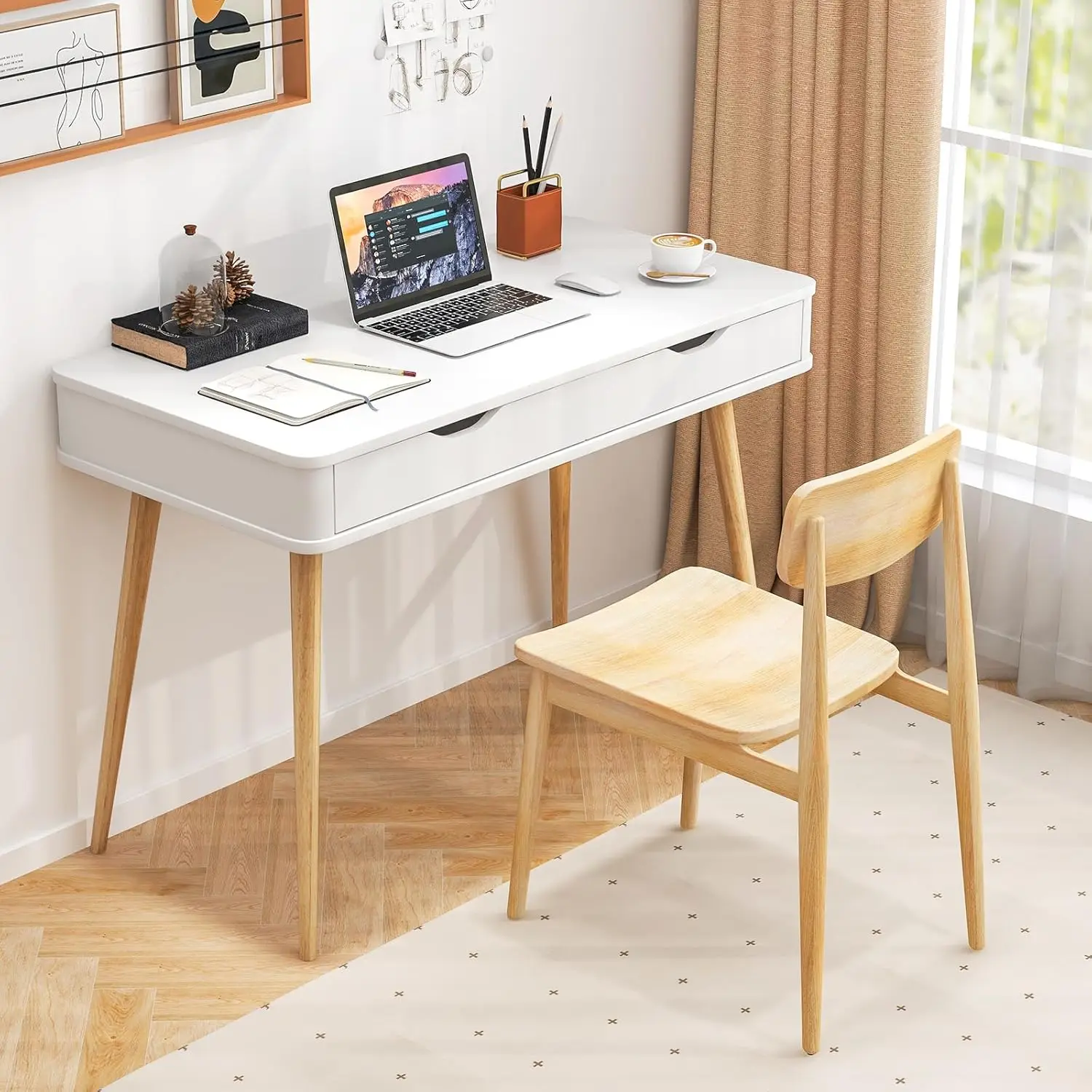 Modern White Desk with 2 Drawers Rubber Wood Legs Study Writing Table for Small Space - Versatile Home Office Furniture