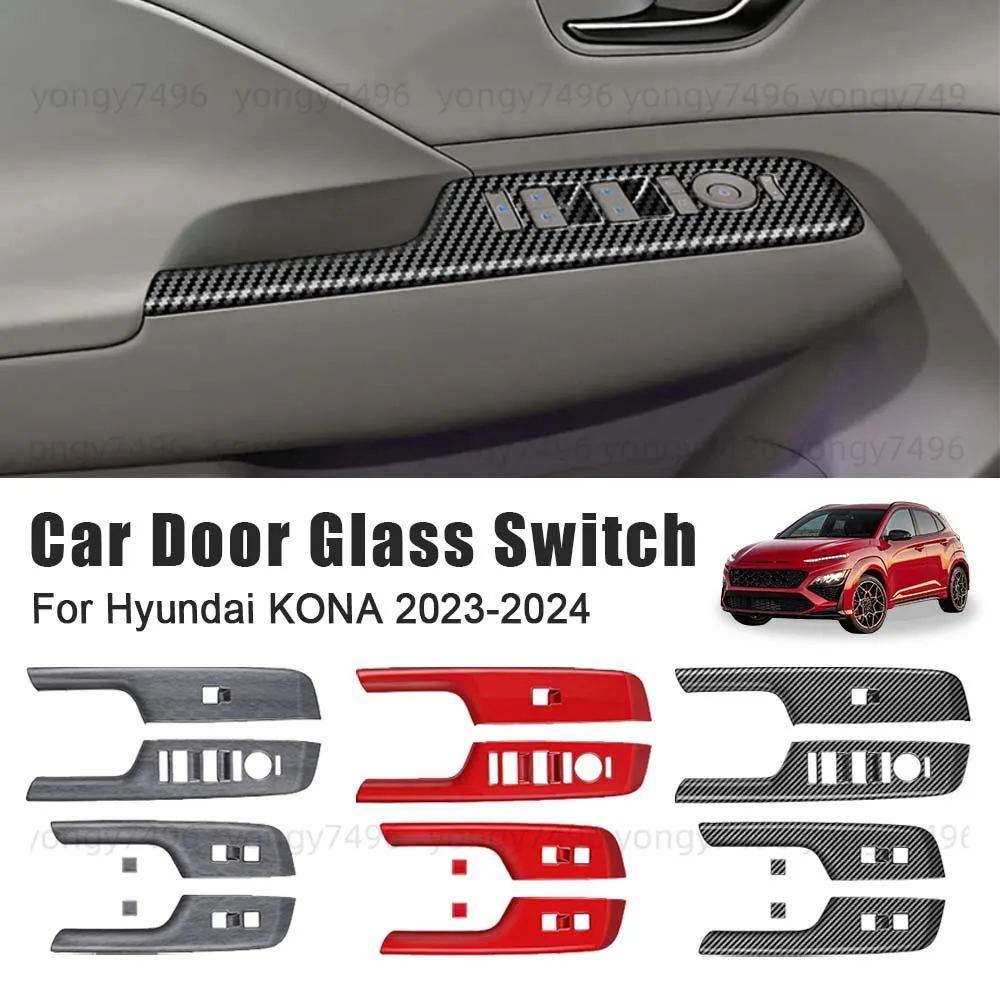 

Car Decoration Car Door Glass Switch For Hyundai KONA 2023-2024 Carbon Fiber Red Wood Grain Cars Accessories Car Window Button