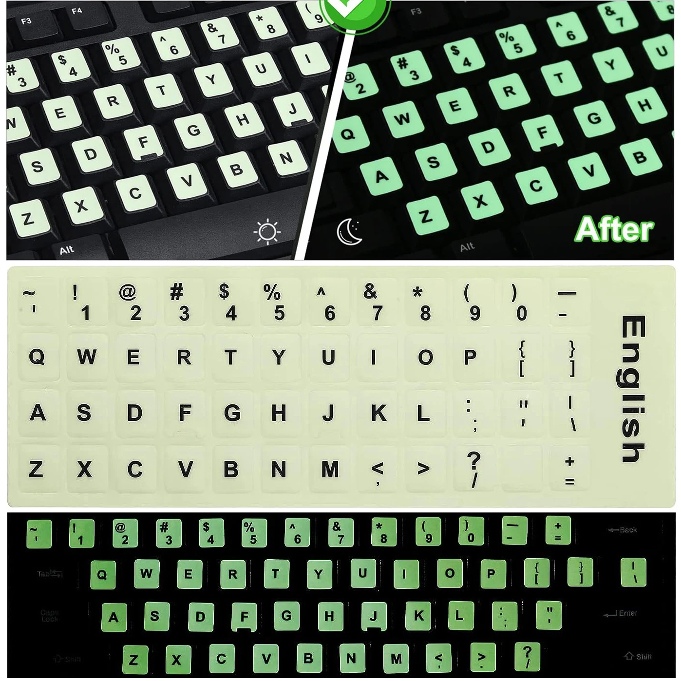 Luminescent Alphabet Fluorescent Green Colored Keyboard Sticker Glow in The Dark Universal for Laptop Computer Notebook Desktop