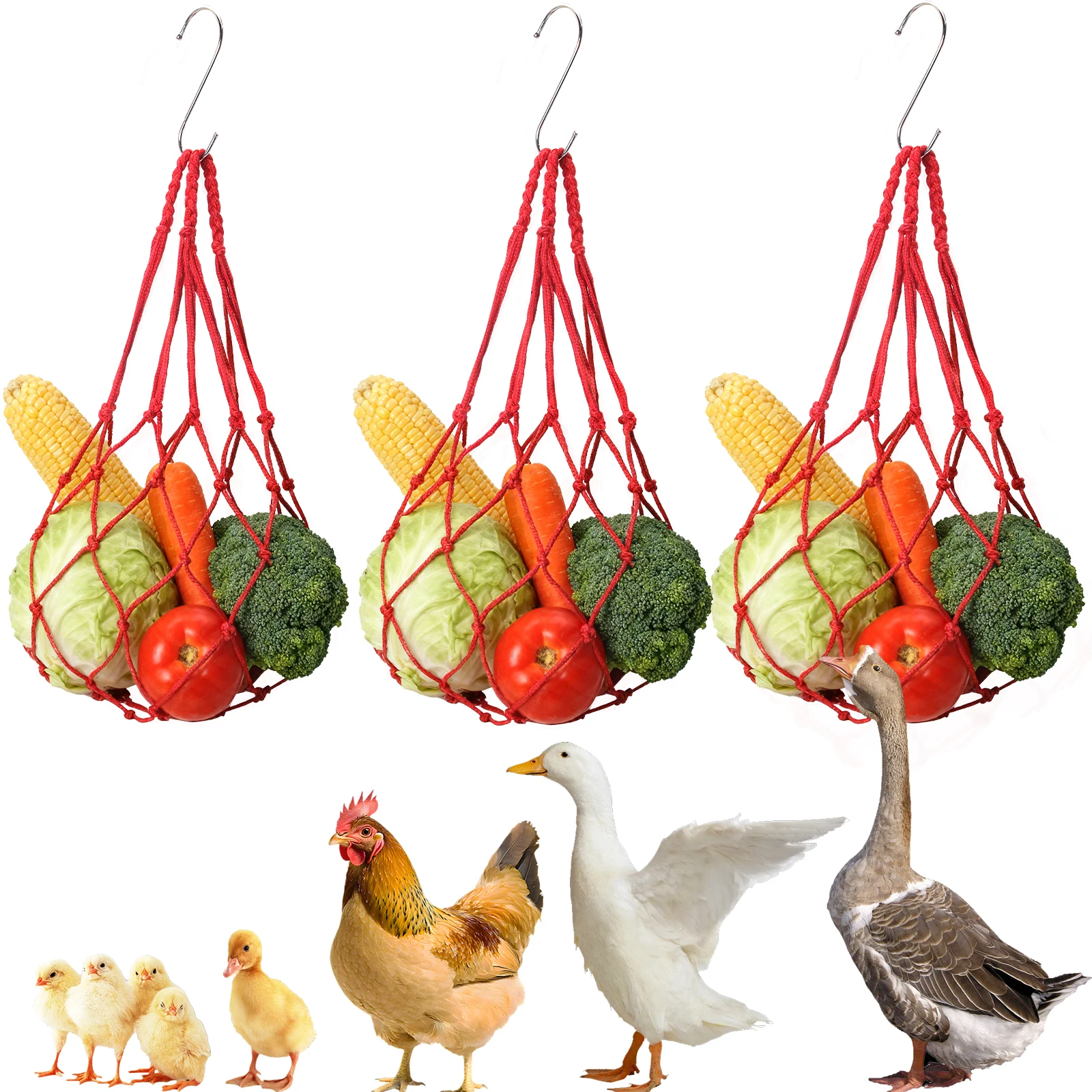 2 sacs en filet suspendus pour volailles, légumes, fruits, mangeoire pour poulets, oies, canards, outil d'alimentation pour poules