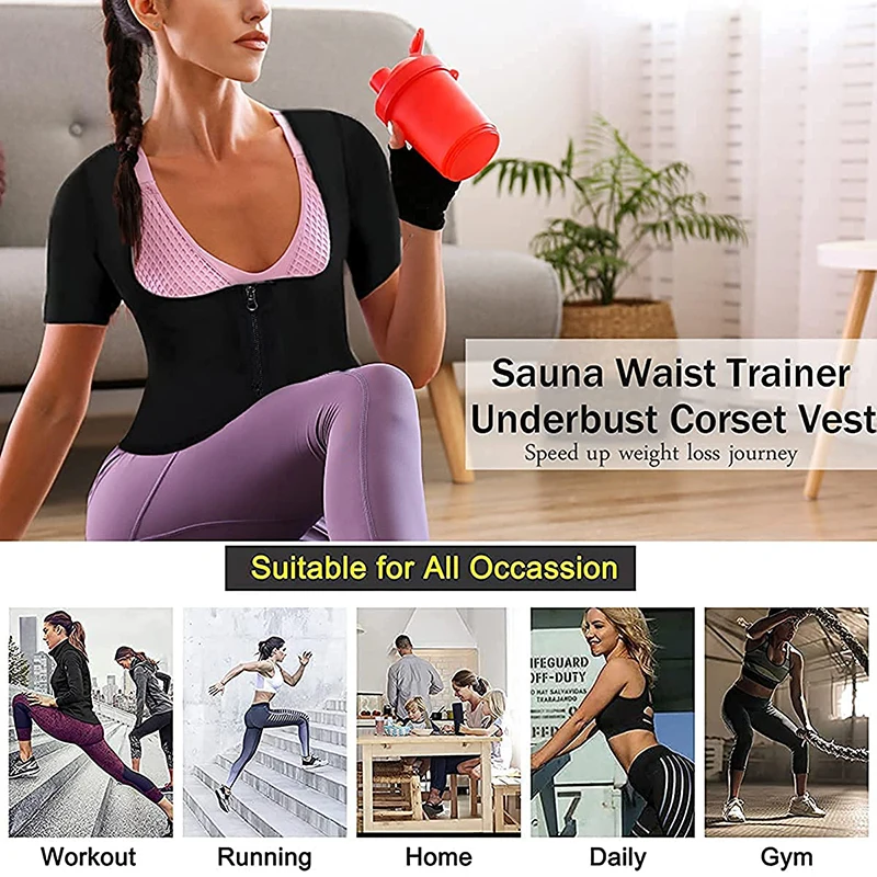 Moldeador de cuerpo de Sauna para mujer, camisa de entrenamiento de sudor caliente, Top de manga corta con cremallera, entrenador de cintura,