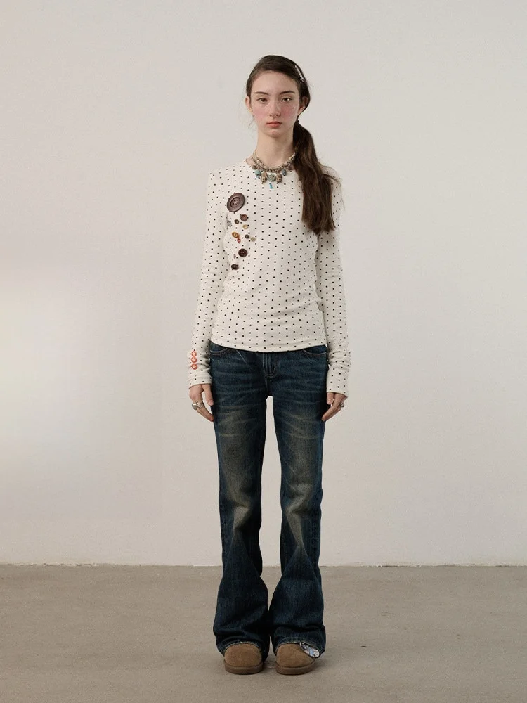 

Achihara Polka Dot Long Sve Base irt Women's Velvet T-irt Winter Inner And Outer Wear Straight Cut Commute Sle