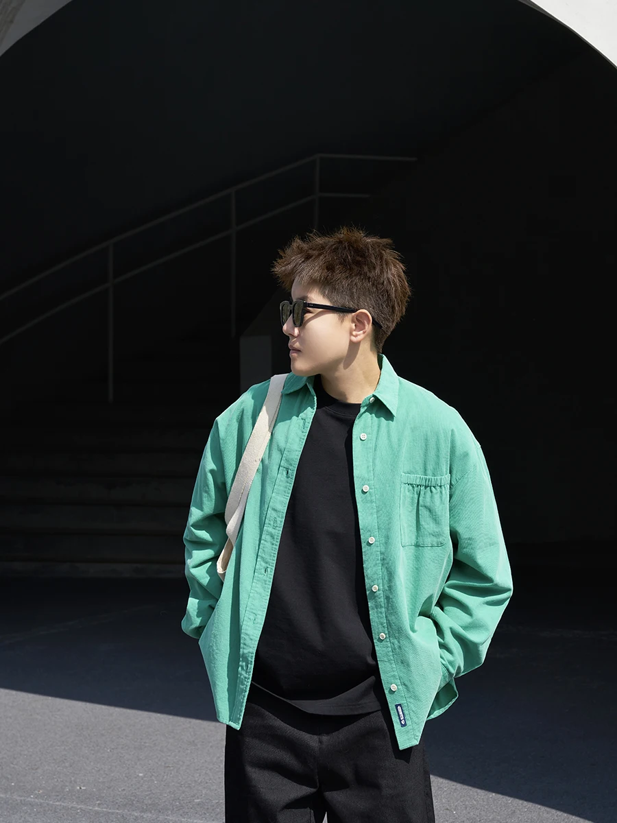 

Зеленая рубашка из тонкого вельвета с длинным рукавом, базовый стиль, унисекс, весна-осень, уличный стиль, 100% хлопок, дышащая, комфортная