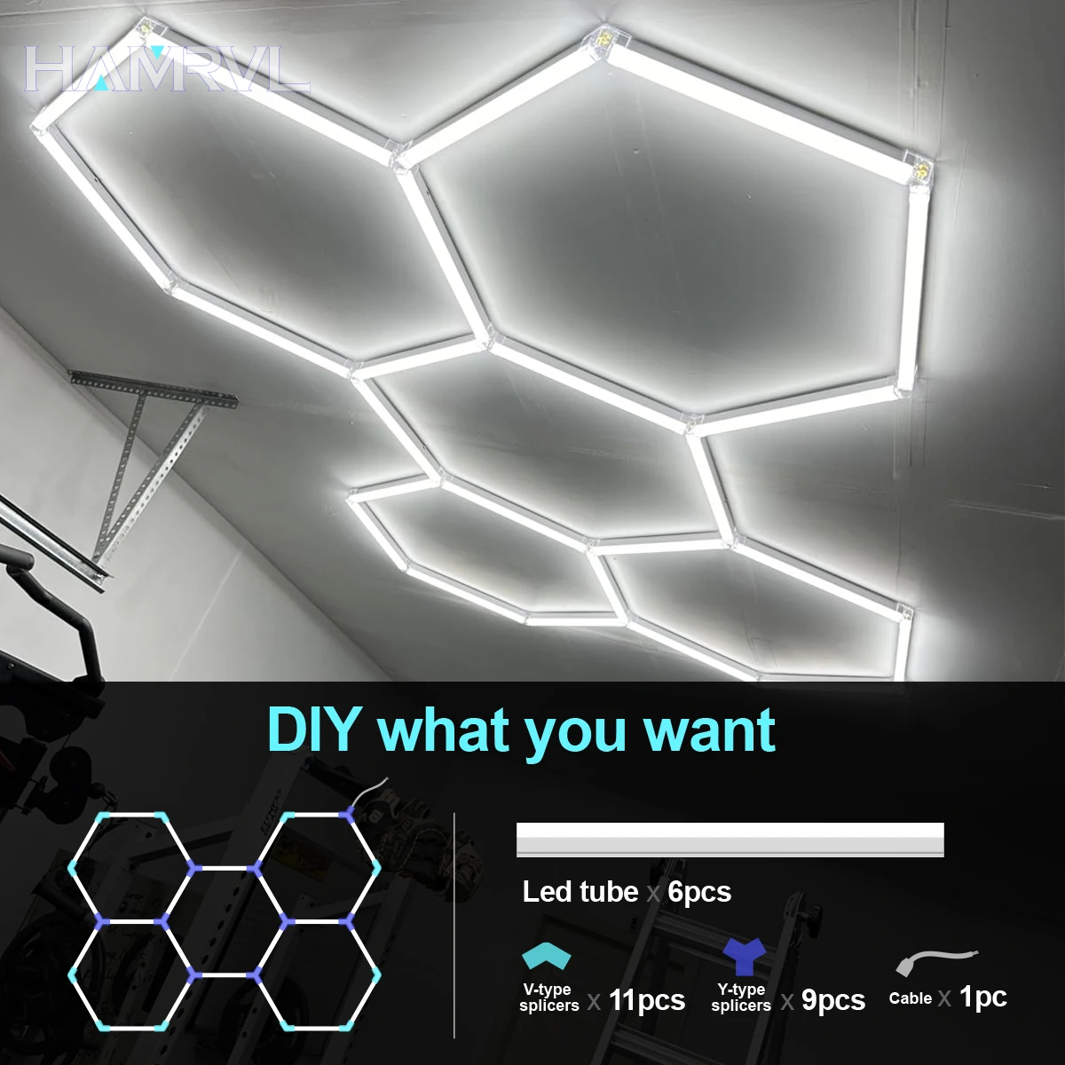 DIY LED Hexagon Honeycomb Car Garage Lights 6500K Shape Detailing Cable Accessorries AC110-240V Lighting Repair office store