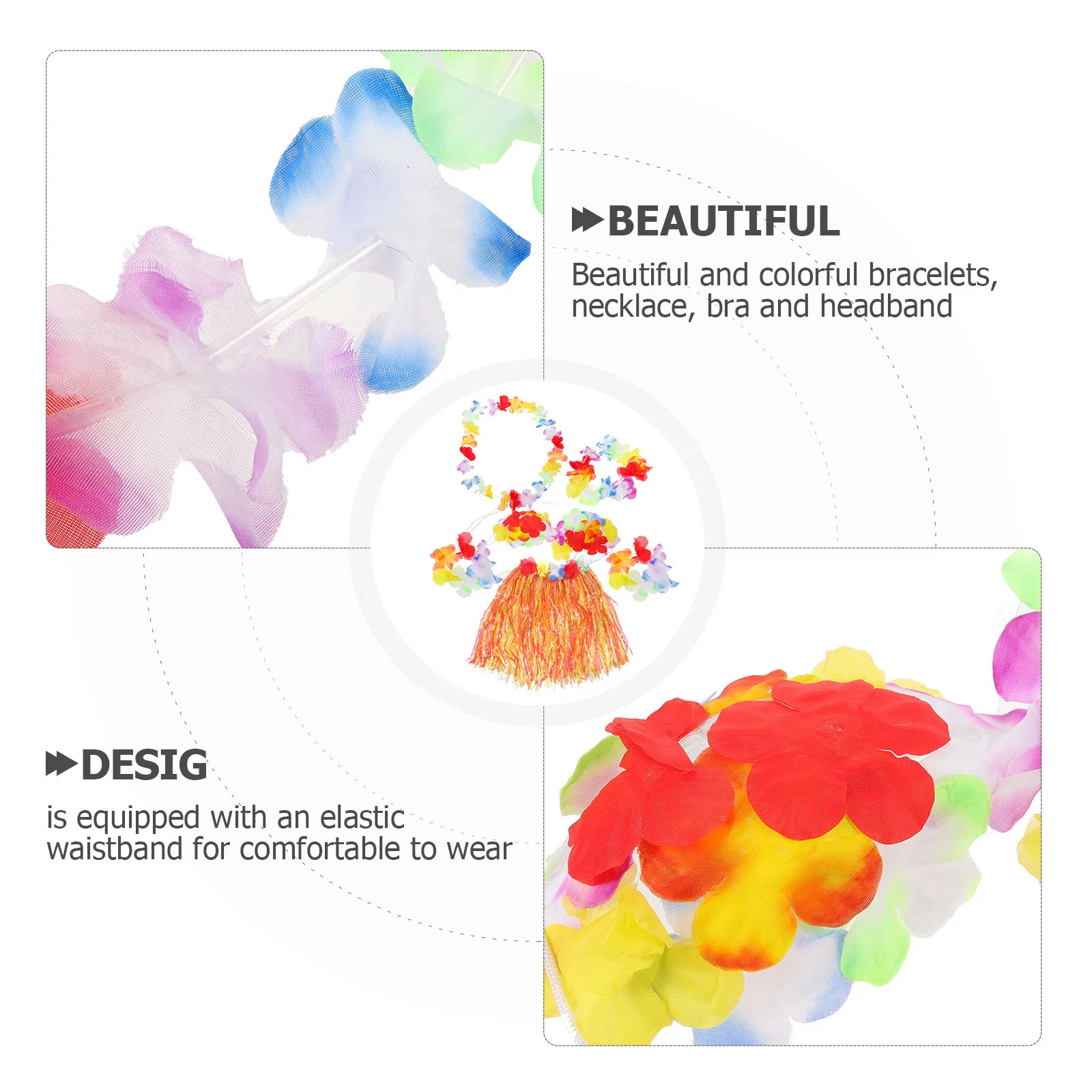 Conjunto de saia de grama havaiana tropical hula, 6 peças, sutiã floral infantil, colar, pulseiras para festa, dança luau, saia de grama havaiana