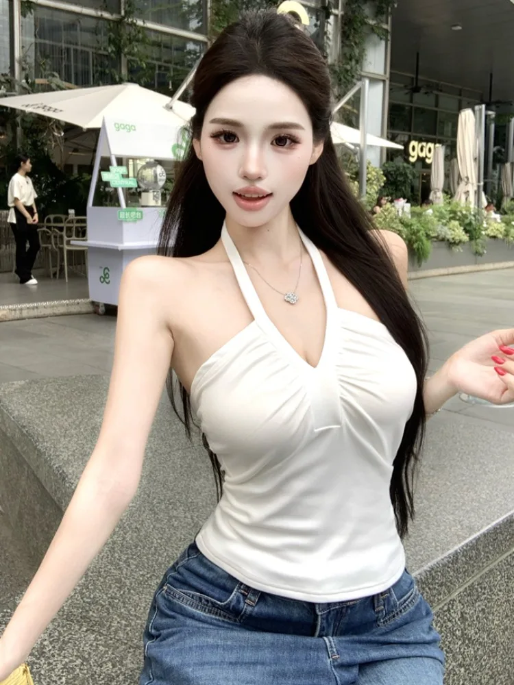 

Women's V-Neck Short Sleeveless Tank Top Neck Hanging Strap Vest Summer Outdoor Wear Pure Desirable Sexy Slimming Short Style