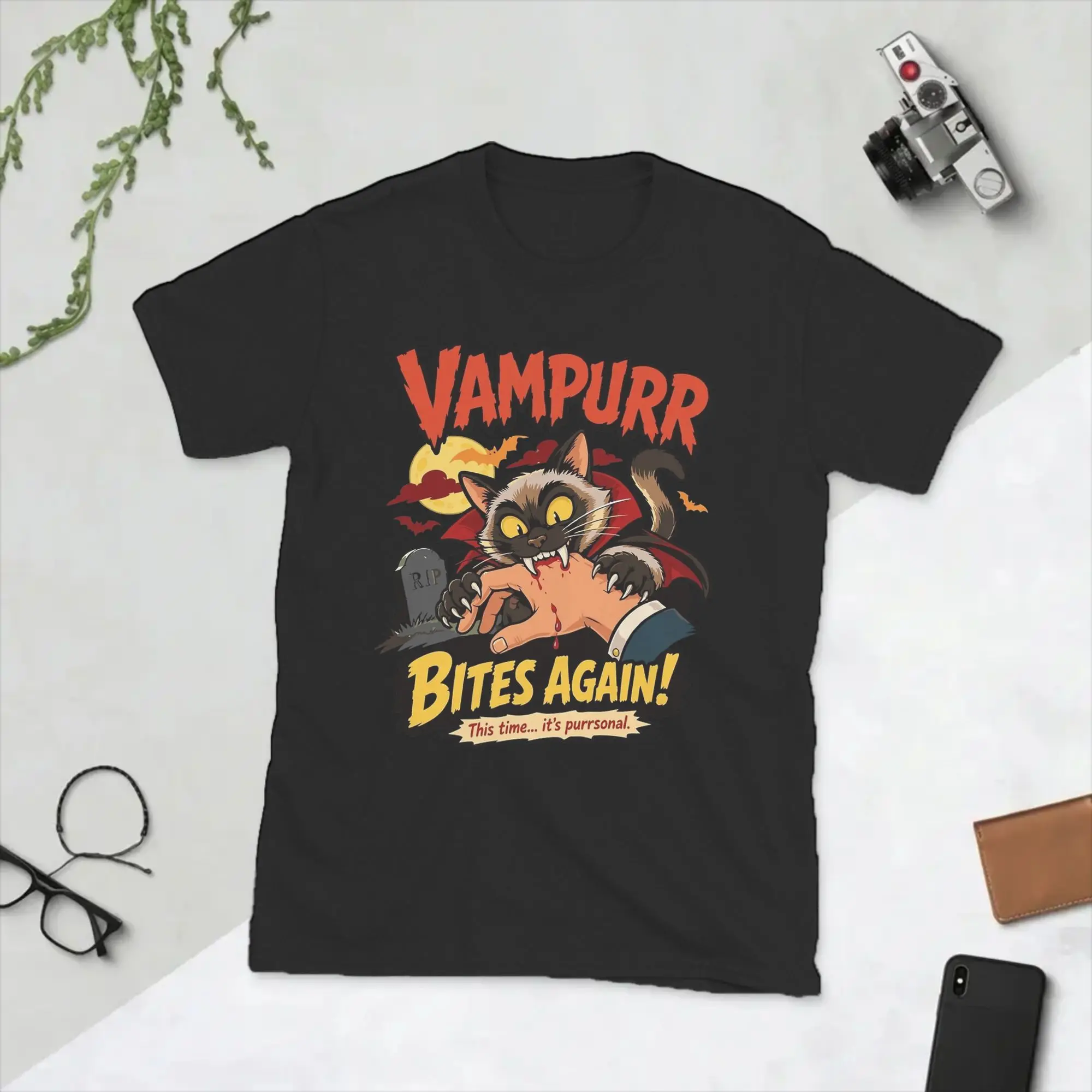 Vampurr Bites Again Halloween Vampire Cat T-Shirts for Men  Novelty Cotton Tee Shirt Round Neck Short Sleeve T Shirt