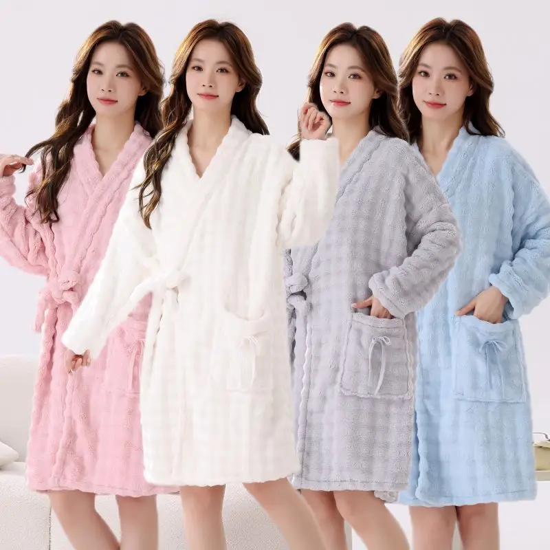 

2025 Winter Long Sleeve Thick Warm Flannel Kimono Robes for Women Korean Coral Fleece Bathrobe Sleepwear Nightdress Night Dress