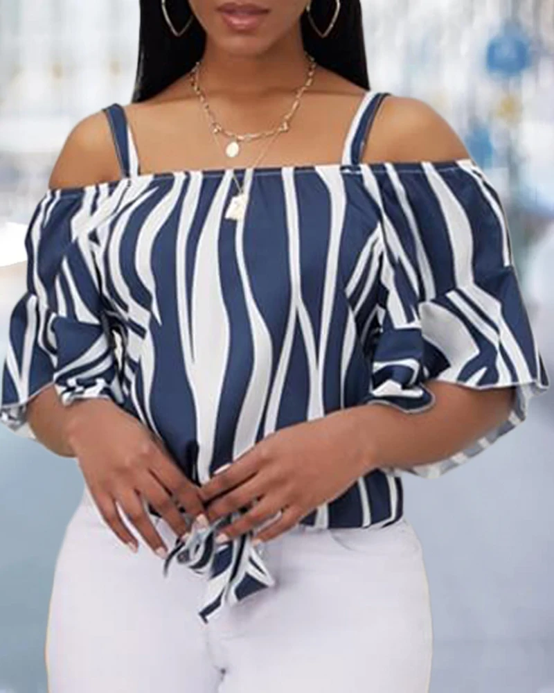 Plus Size Abstract Print Cold Shoulder Ruffles Top