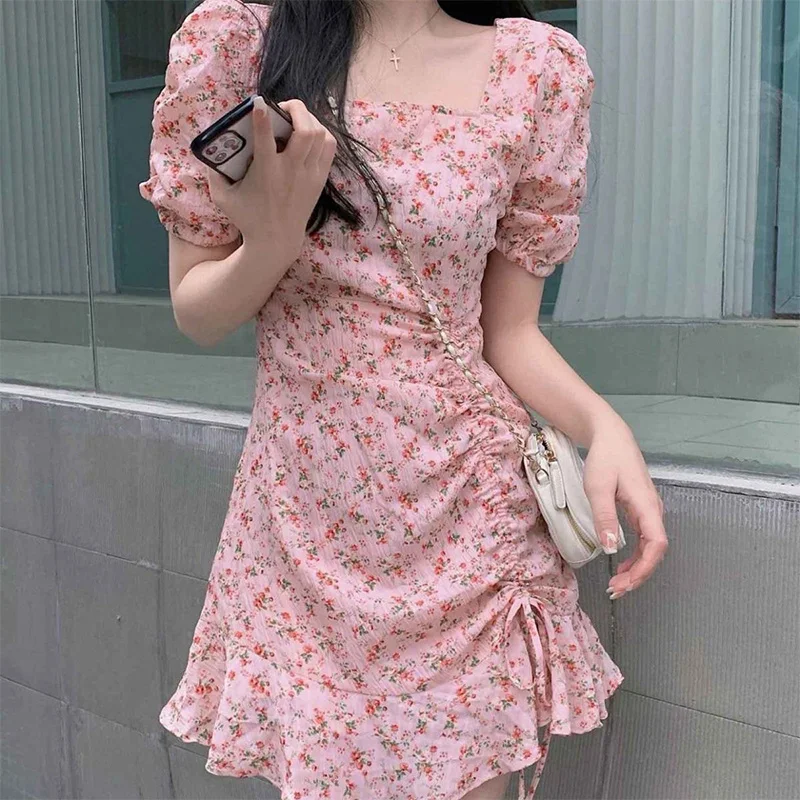 

Bubble Sleeves Lotus Leaf Skirt Floral Dress Women'S Square Neck Side Waist Up Sweet Skirt Beach Photo Waist Up Short Skirt