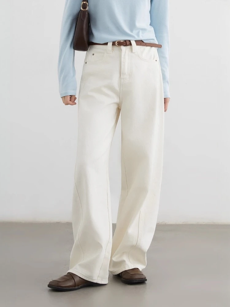 CHIC VEN กางเกงยีนส์ผู้หญิงสีขาววินเทจลำลองขากว้างกางเกงเดนิมกระชับสัดส่วนกางเกงหญิงฤดูใบไม้ร่วงฤดูหนาว 2025