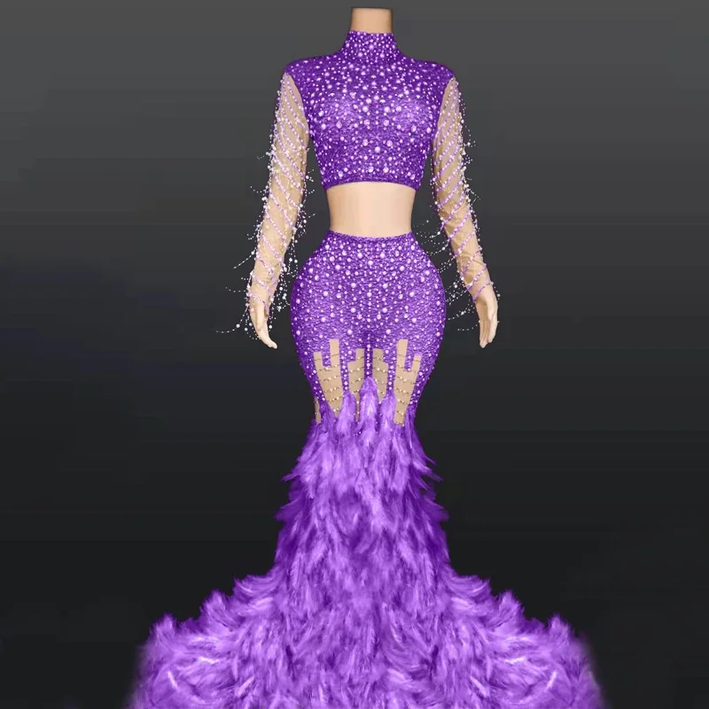 หลากสีเพลส ไดมอนด์ชุดยาวเซ็กซี่ขนยาวชุดราตรีวันเกิดเฉลิมฉลองชุดผู้หญิงเวทีชุดราตรี XS5035