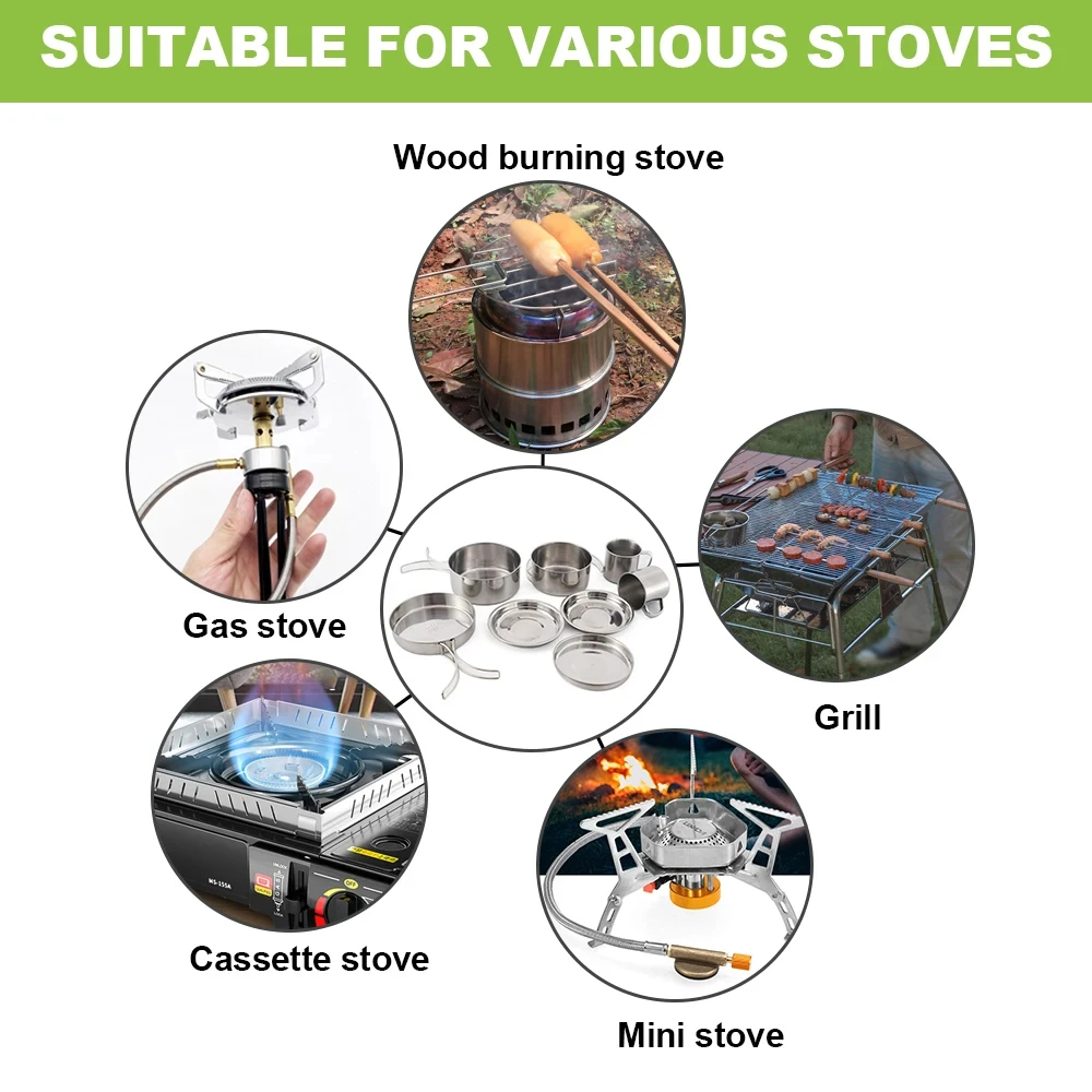 8pcs/Set Camping Cookware Mess Kit Stainless Steel Cooking Pot and Pan Set with Plates Cups for Outdoor Hiking Backpacking image 6