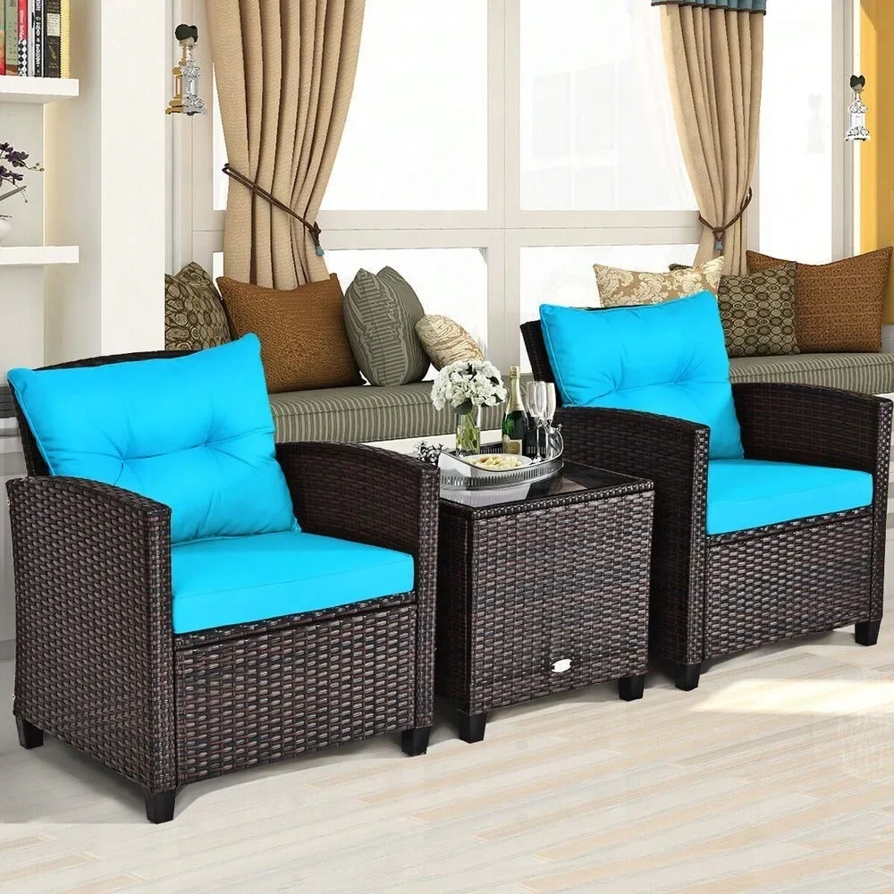 3PCS Patio Rattan Furniture Set Cushioned Conversation Set Sofa Turquoise