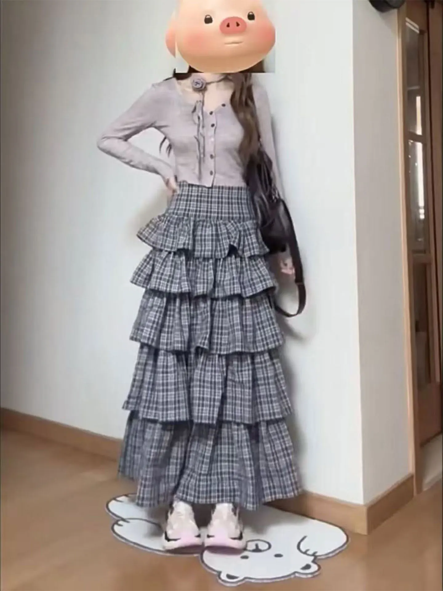 plus Size Women's Plaid Fluffy  Skirt Casual Style mid Waist Elastic Waist Cake Skirt Trendy Design Slimming Effect