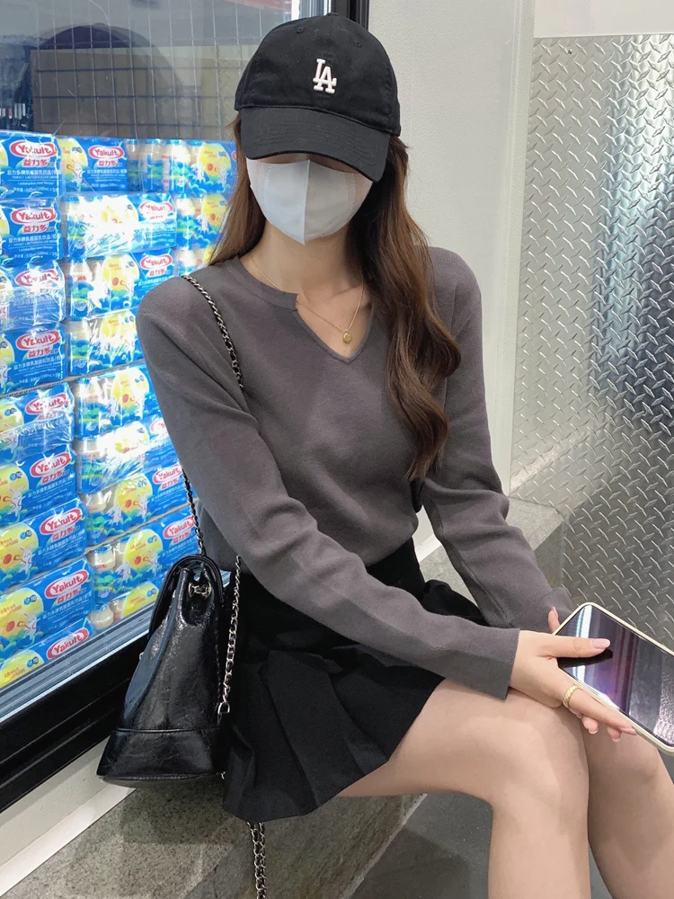 

Женская трикотажная футболка irt Long Sve V-Ne, внутренняя одежда, осенний модный дизайн, небольшой свитер Ence