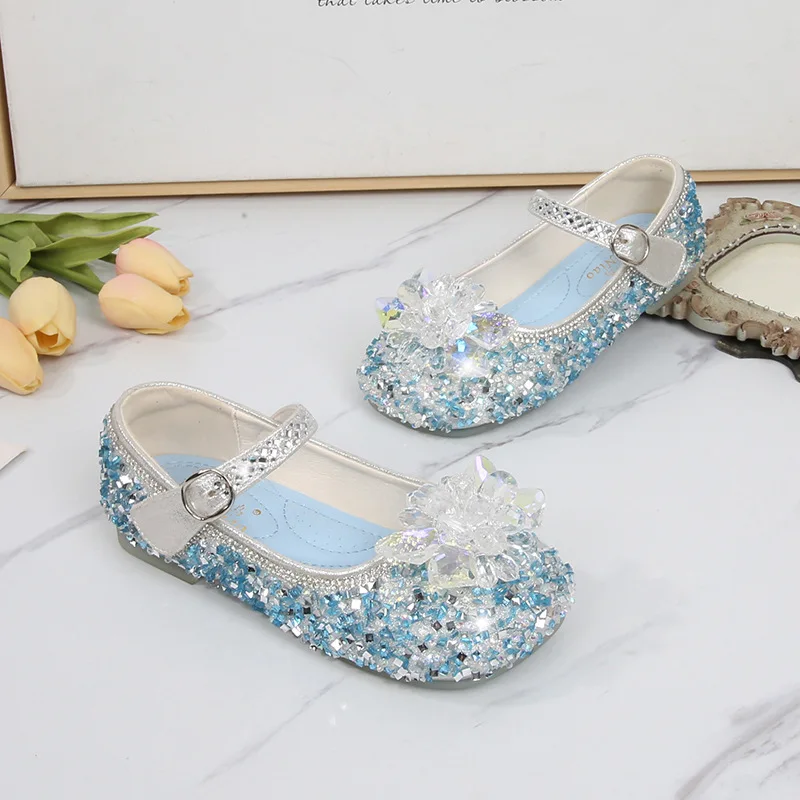 Zapatos de princesa para niñas, calzado de cuero con diamantes de imitación, azul, rosa, ostentoso, Mary Janes