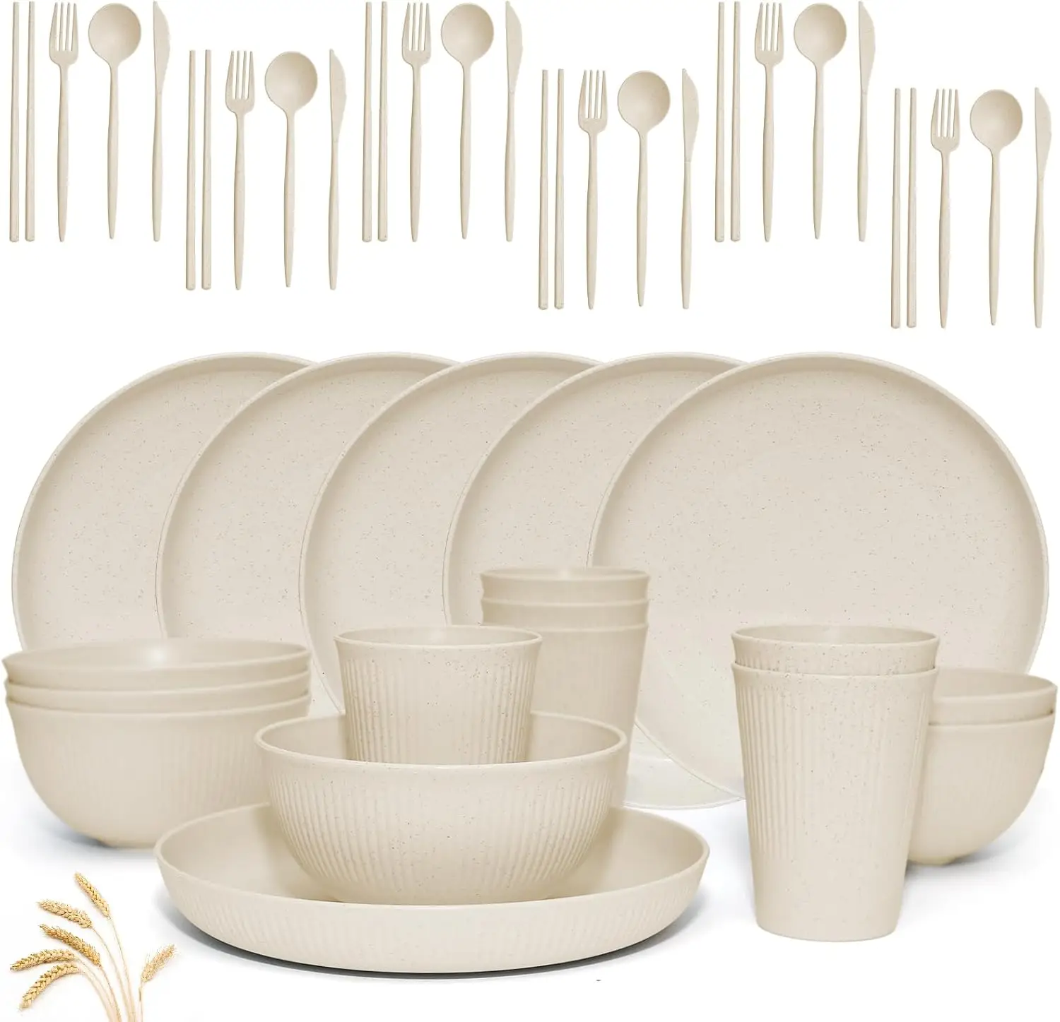 

36 pcs Wheat Straw Dinnerware Sets Unbreakable Reusable Dinnerware Set ，Lightweight Camping Plates Cups and Bowls Set