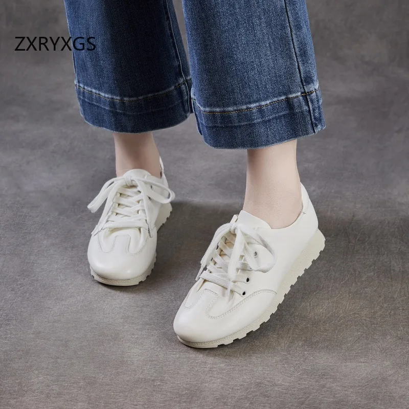 

ZXRYXGS New Round Toe Lace-up Women's Shoes White Sneakers Flat Comfortable Premium Full Real Leather Sneakers Travel Shoes 2026