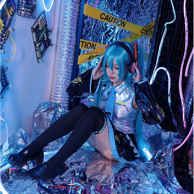 Anime Vocaloid Cosplay Giappone Abito longuette Principiante Miku Vestito femminile Costume Copricapo Festa di Natale Maschio Cos Parrucca Fullset Cl @ 0Z *