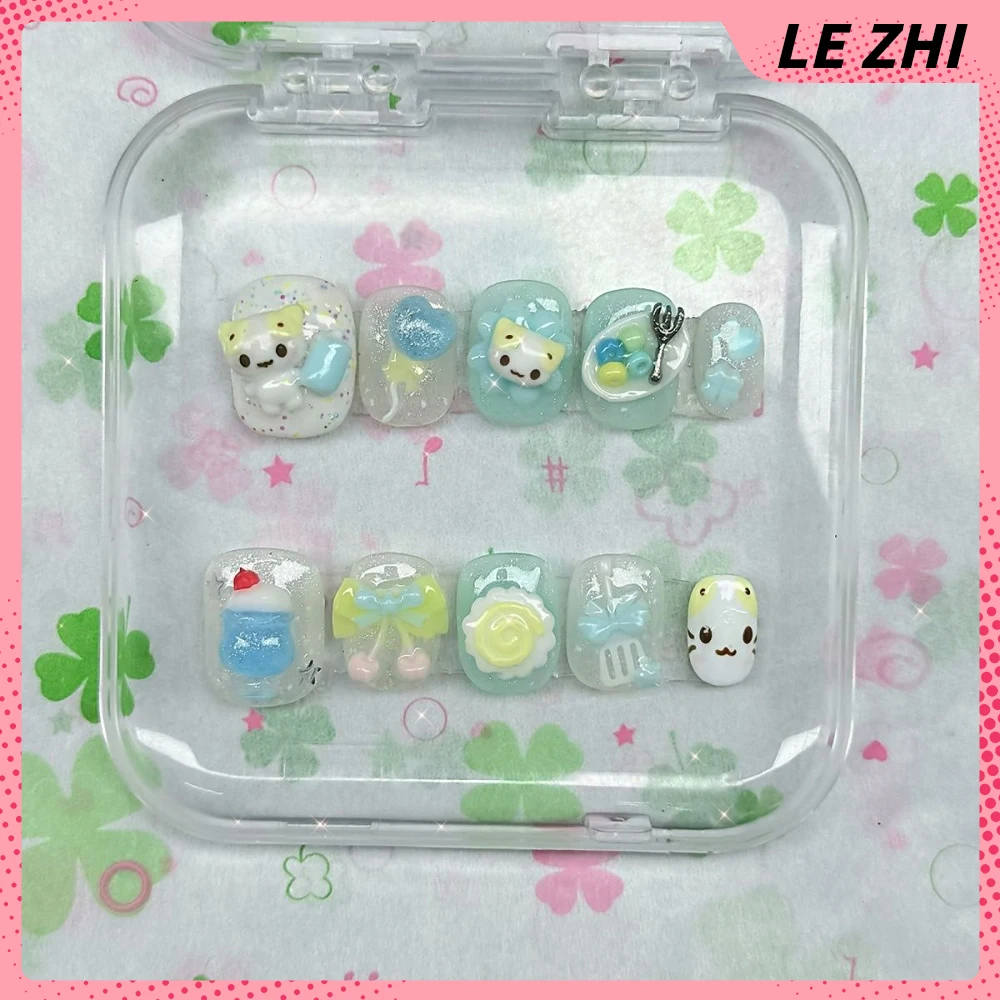 Dibujos animados Rilakkuma conejo gato hecho a mano corto cuadrado prensa en las uñas Bowknot copo de nieve alas notas musicales pegatina de fiesta de uñas